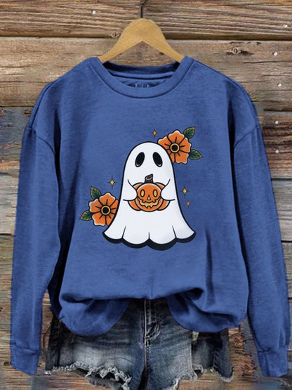 Women's Halloween Cute Pumpkin Boo Print Crew Neck Sweatshirt