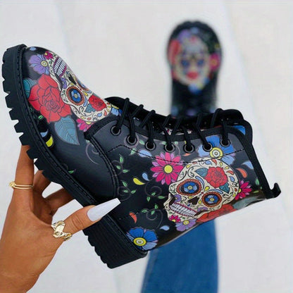 Skull Rose Printed Gothic Combat Boots: Embrace Your Dark Side in Style