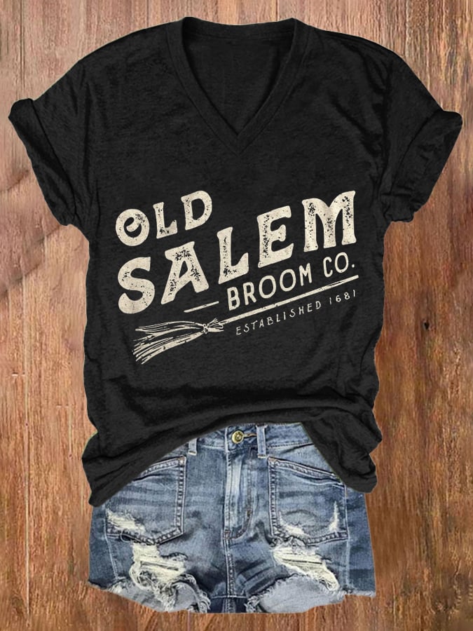 Women's Old Salem Broom Co Print V Neck T-shirt