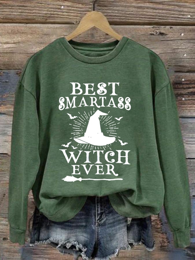 Women's Halloween Best Smartass Witch Ever Print Crew Neck Sweatshirt