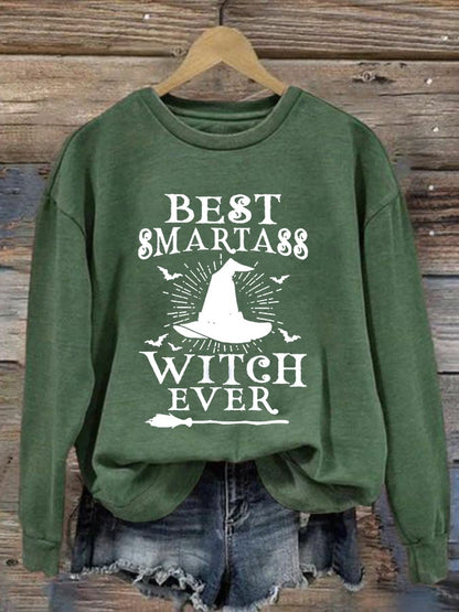 Women's Halloween Best Smartass Witch Ever Print Crew Neck Sweatshirt