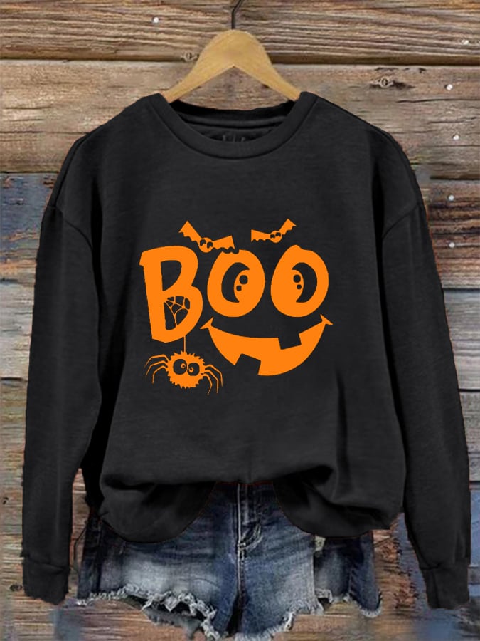 Women's  Funny Halloween Pumpkin Face Boo Print Sweatshirt