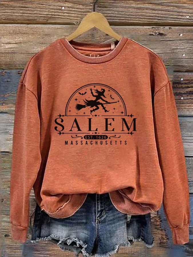 Women's Salem Massachusetts Happy Halloween Printed Round Neck Long Sleeve Sweatshirt