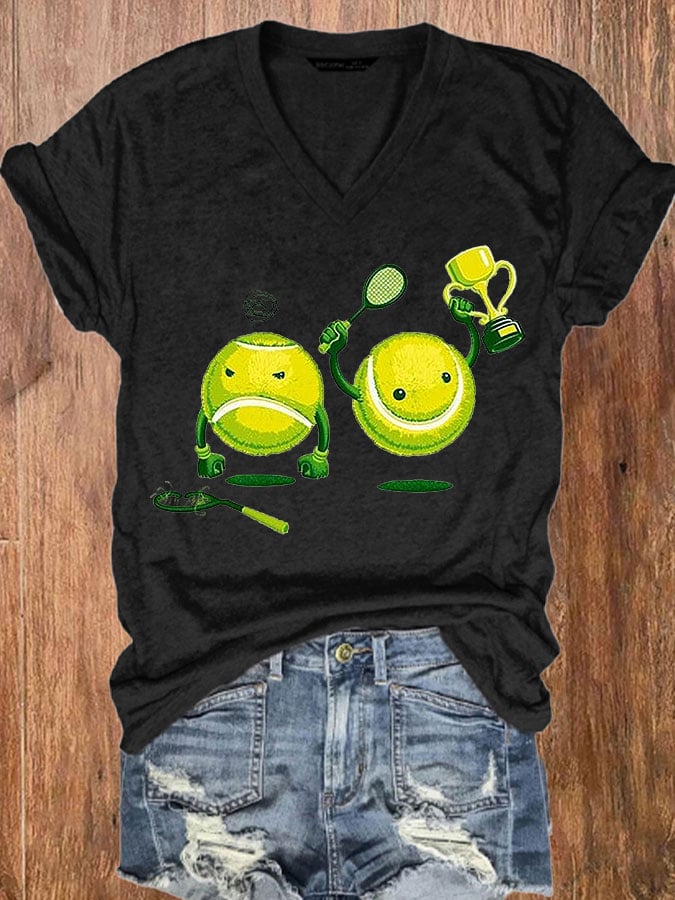 Women's Funny Tennis Print Casual V-Neck Tee