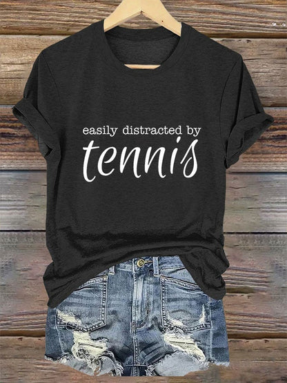Women's Easily Distracted By Tennis Print Crew Neck T-Shirt