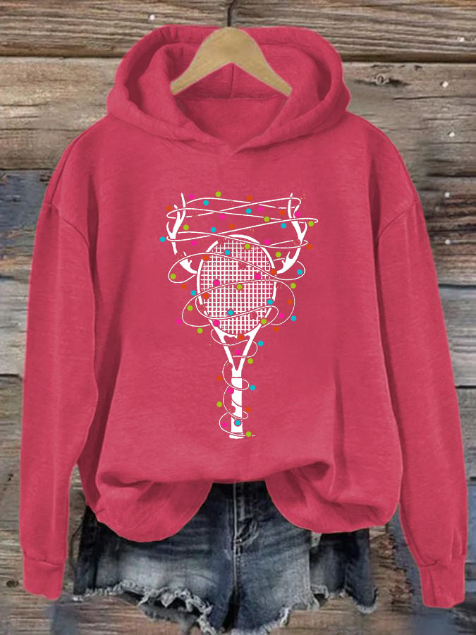 Women's Christmas Tennis Racket Print Casual Hooded Sweatshirt