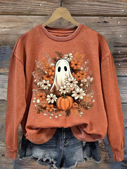 Women's Halloween Ghost Print Long Sleeve Sweatshirt