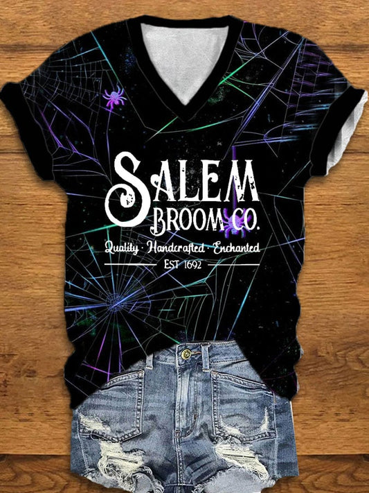 Women's Salem Broom Co Quality Handcrafted Enchanted Est 1692 Print V-Neck Tee