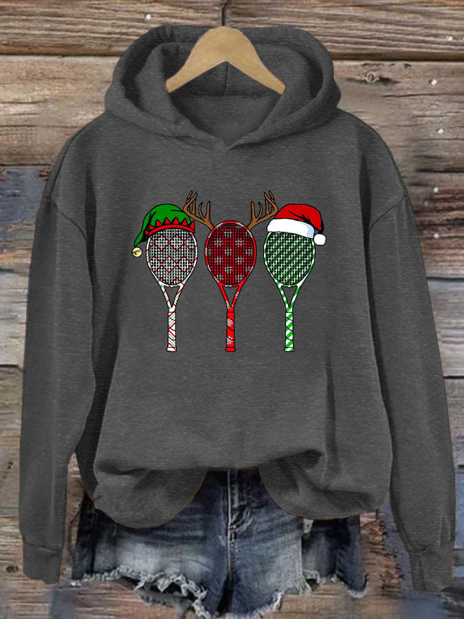 Women's Christmas Tennis Racket Print Casual Hooded Sweatshirt