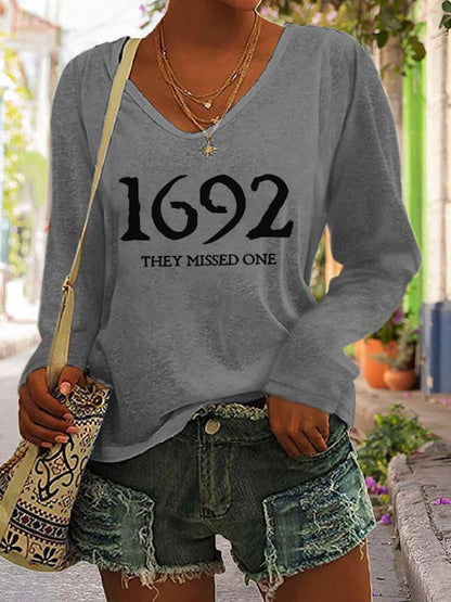 Women's 1692 They Missed One Salem Witch Print Casual Long Sleeve V-Neck T-Shirt