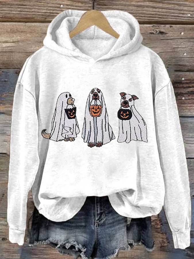 Women's Casual Embroidered Ghost Dogs Halloween Print Hoodie Long Sleeve Sweatshirt