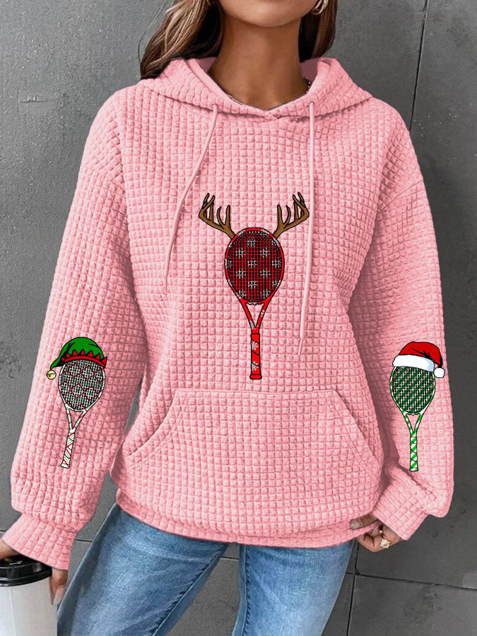 Women's Christmas Tennis Racket Print Waffle Hooded Sweatshirt