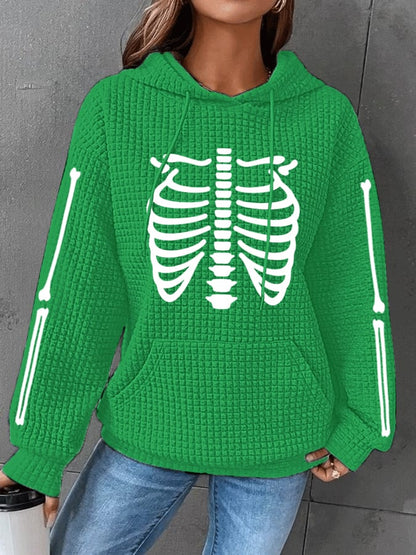 Women's Halloween Skeleton Bones Casual Waffle Hoodie