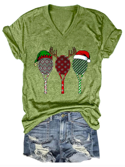 Women's Christmas Tennis Racket Print T-Shirt