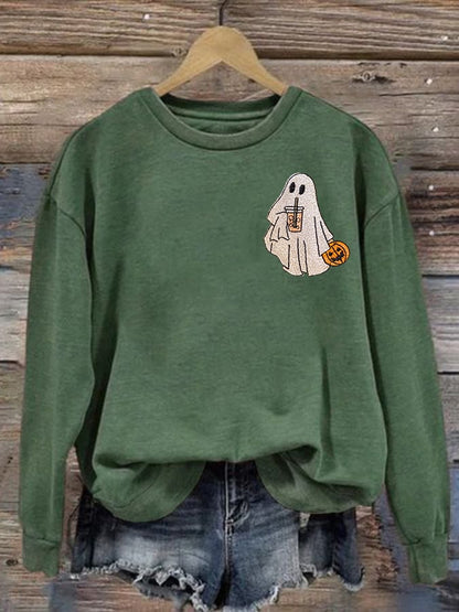 Women's Iced Coffee Ghoul Halloween Print Casual Sweatshirt