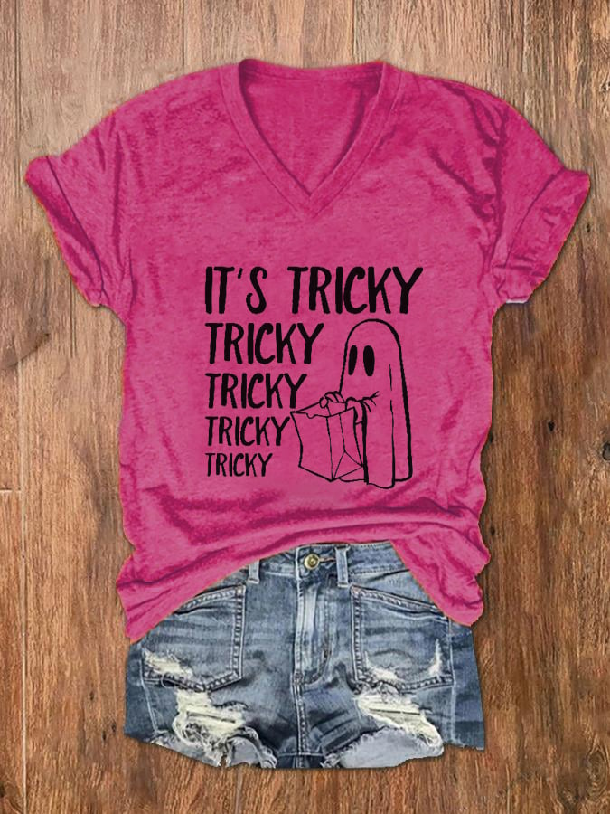 Women's It's Tricky Funny Halloween Print V-Neck T-Shirt