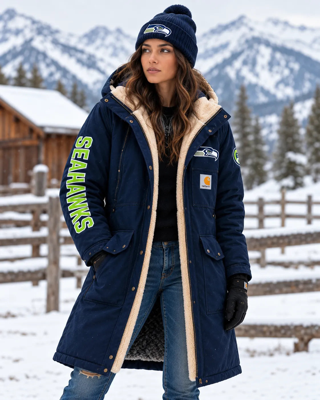 SEATTLE SEAHAWKS UNISEX SHERPA LINED LONG WINTER PARKA JACKET