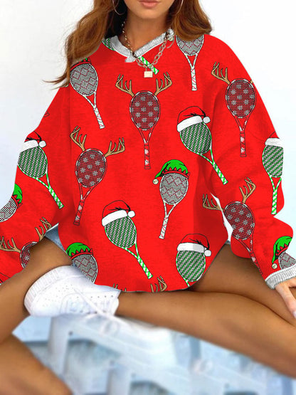 Women's Christmas Tennis Racket Print Loose Sweatshirt