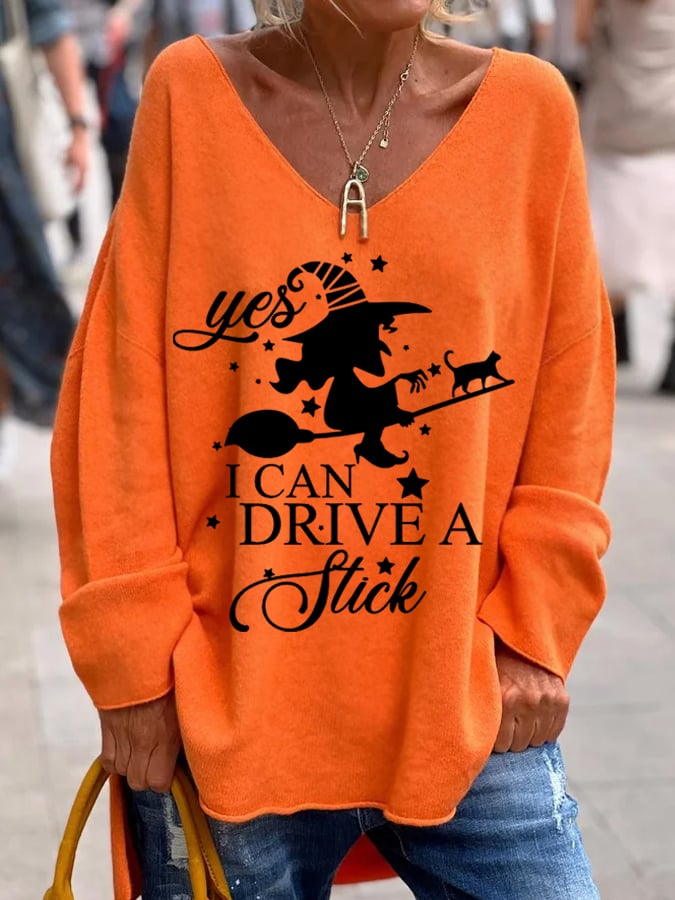 Women's Funny Halloween Yes I Can Drive A Stick Witch Casual V-Neck Long-Sleeve Top