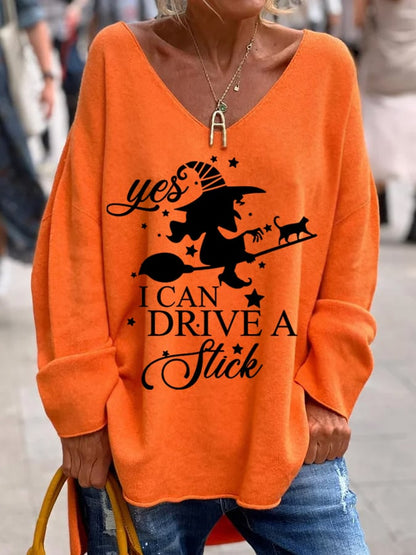 Women's Funny Halloween Yes I Can Drive A Stick Witch Casual V-Neck Long-Sleeve Top