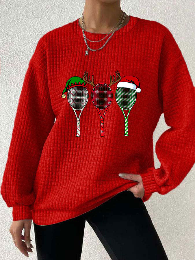 Women's Christmas Tennis Racket Print Waffle Sweatshirt