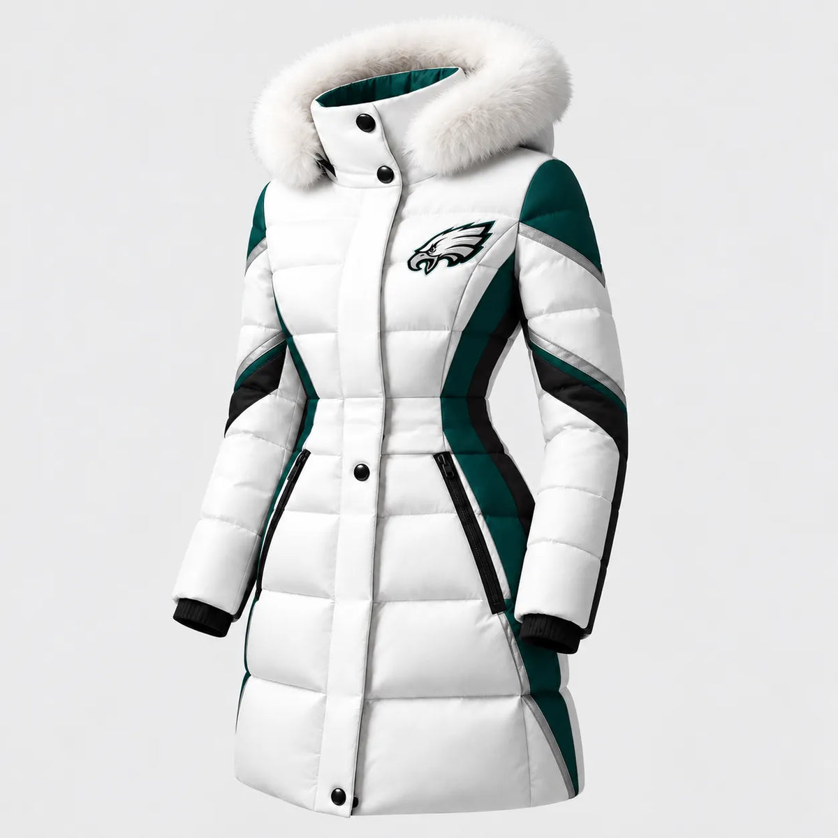PHILADELPHIA EAGLES WOMEN'S FUR HOOD COLORBLOCK LONG PUFFER COAT