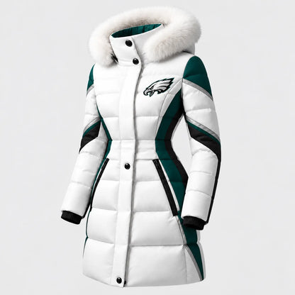 PHILADELPHIA EAGLES WOMEN'S FUR HOOD COLORBLOCK LONG PUFFER COAT