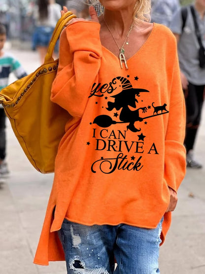 Women's Funny Halloween Yes I Can Drive A Stick Witch Casual V-Neck Long-Sleeve Top