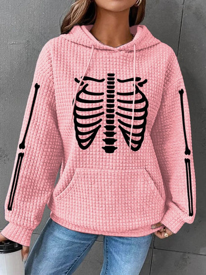 Women's Halloween Skeleton Bones Casual Waffle Hoodie