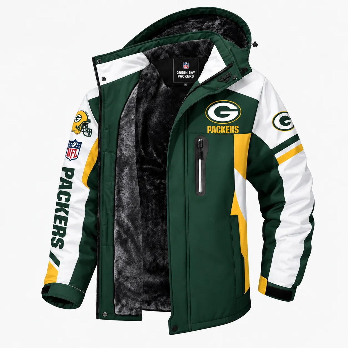 AEGE GREEN BAY PACKERS TEAM LOGO FOOTBALL GRAPHIC FLEECE LINED HOODED JACKET