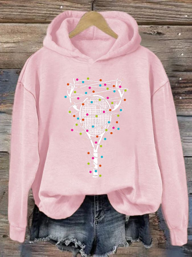 Women's Christmas Tennis Racket Print Casual Hooded Sweatshirt