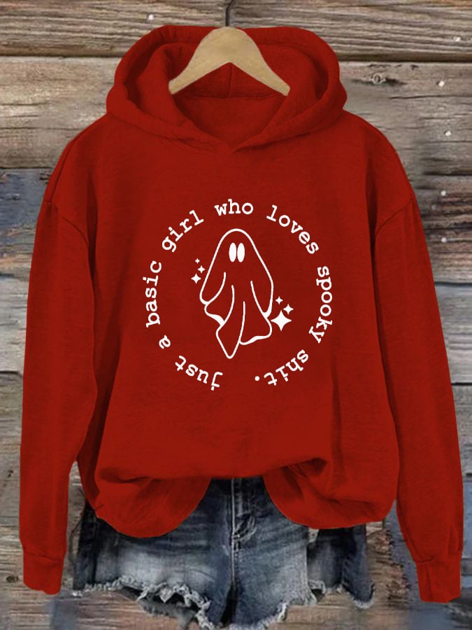 Women's "Just a basic girl who loves Spooky Shirt" printed casual hooded sweatshirt