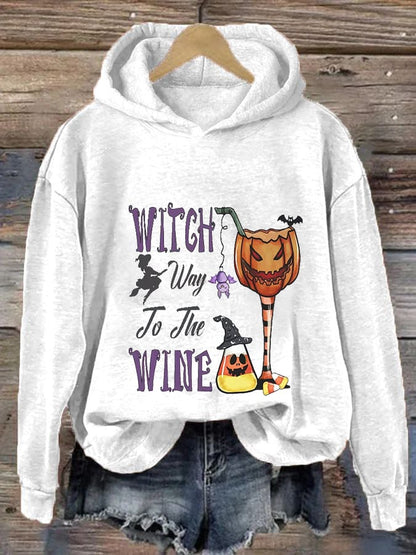 Women's Funny Halloween Witch Way To The Wine Printed Casual Hoodie