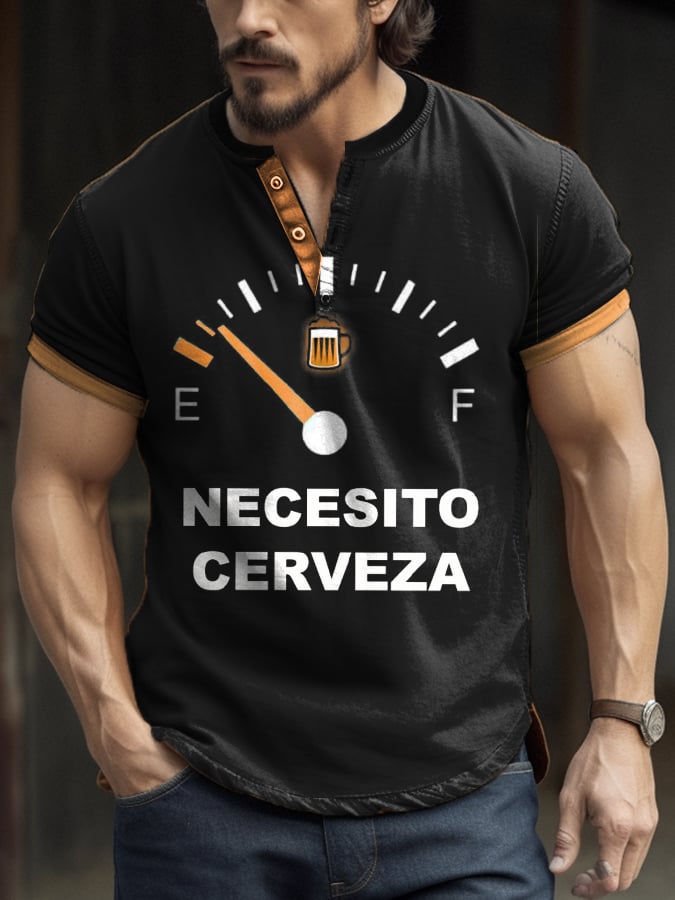Men's Retro Contrast Oktoberfest Beer Print Henley Neck T-Shirt