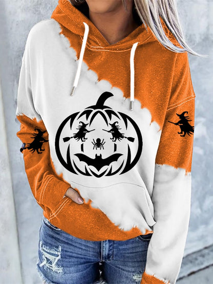 Witch Pumpkin Print Long Sleeve Hoodie