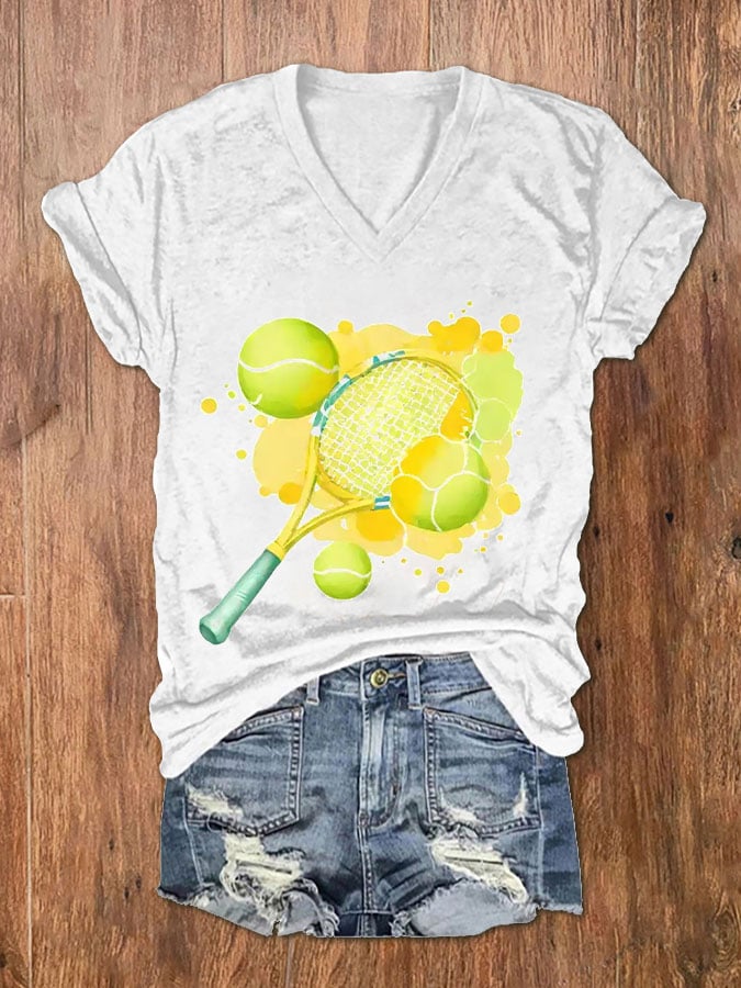 Women's Tennis Lover Watercolor V-Neck T-Shirt
