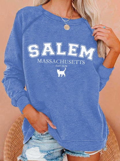 Women's Salem Massachusetts Est.1626 Halloween Black Cat Print Casual Sweatshirt