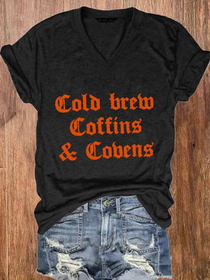 Women's Halloween  Cold Brew, Coffins & Covens  V-Neck Tee