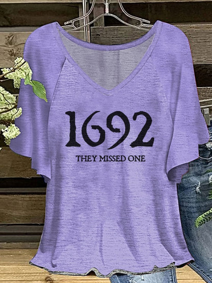 Women's Salem 1692 They Missed One Print V-Neck Ruffle Sleeve T-Shirt