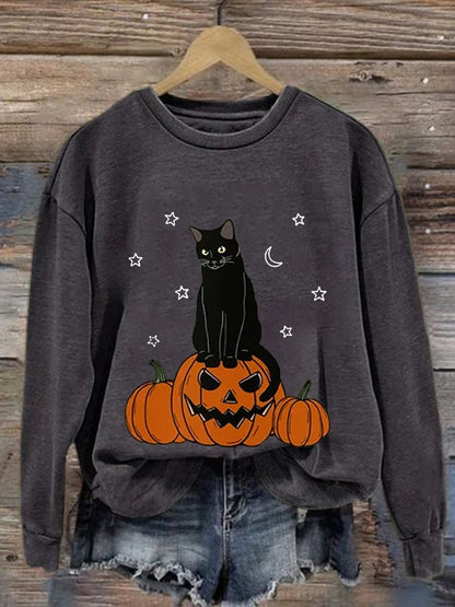 Women's Halloween Pumpkin And Cats Print Casual Sweatshirt