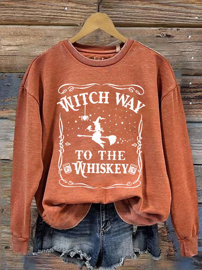 Women's Halloween Witch Way To The Whiskey Printed Sweatshirt