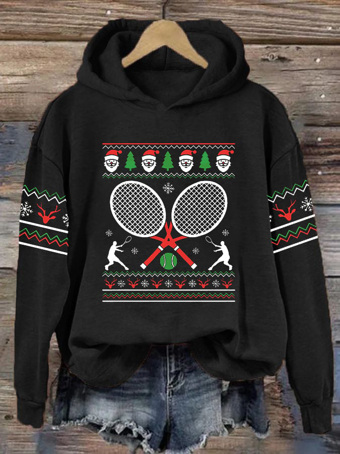 Women's Christmas Tennis Racket Print Casual Hooded Sweatshirt