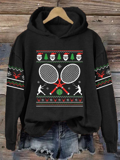 Women's Christmas Tennis Racket Print Casual Hooded Sweatshirt