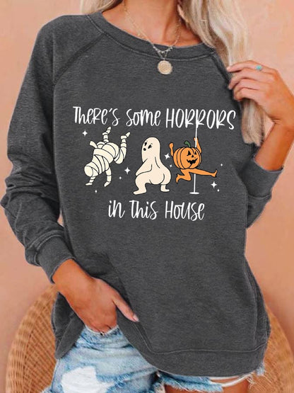 Women's Funny Halloween There's Some Horrors In This House Pumpkin Spooky Mummy Sweatshirt