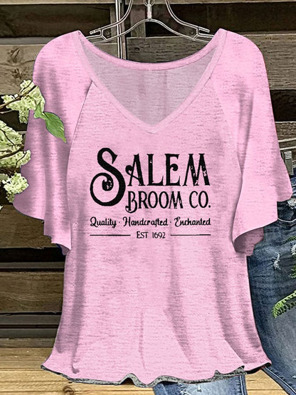 Women's Salem Broom Co 1692 Print V-Neck Ruffle Sleeve T-Shirt