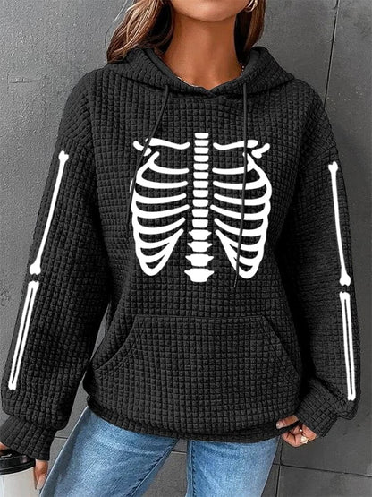 Women's Halloween Skeleton Bones Casual Waffle Hoodie