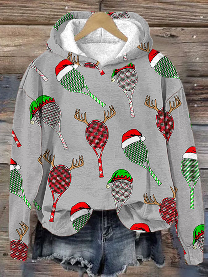 Women's Christmas Tennis Racket Print Hooded Sweatshirt