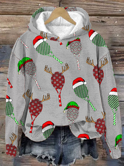 Women's Christmas Tennis Racket Print Hooded Sweatshirt