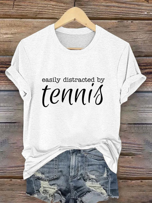 Women's Easily Distracted By Tennis Print Crew Neck T-Shirt