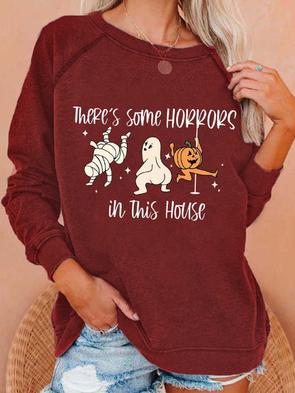 Women's Funny Halloween There's Some Horrors In This House Pumpkin Spooky Mummy Sweatshirt